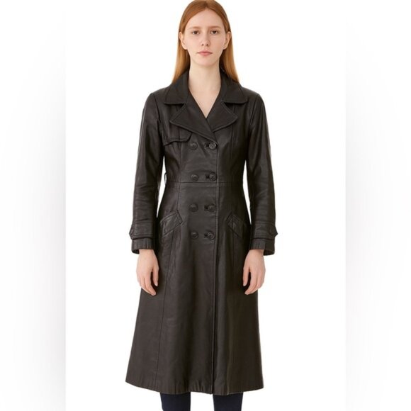 Black Vintage Double Breasted Leather Trench Coat Size Small - Picture 1 of 10